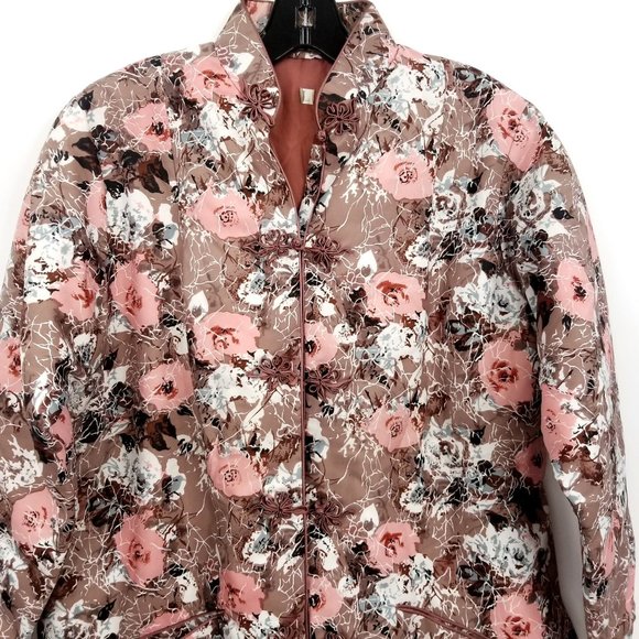 Vintage Asian Jacket Top Taupe Pink Floral Pockets - Picture 2 of 7